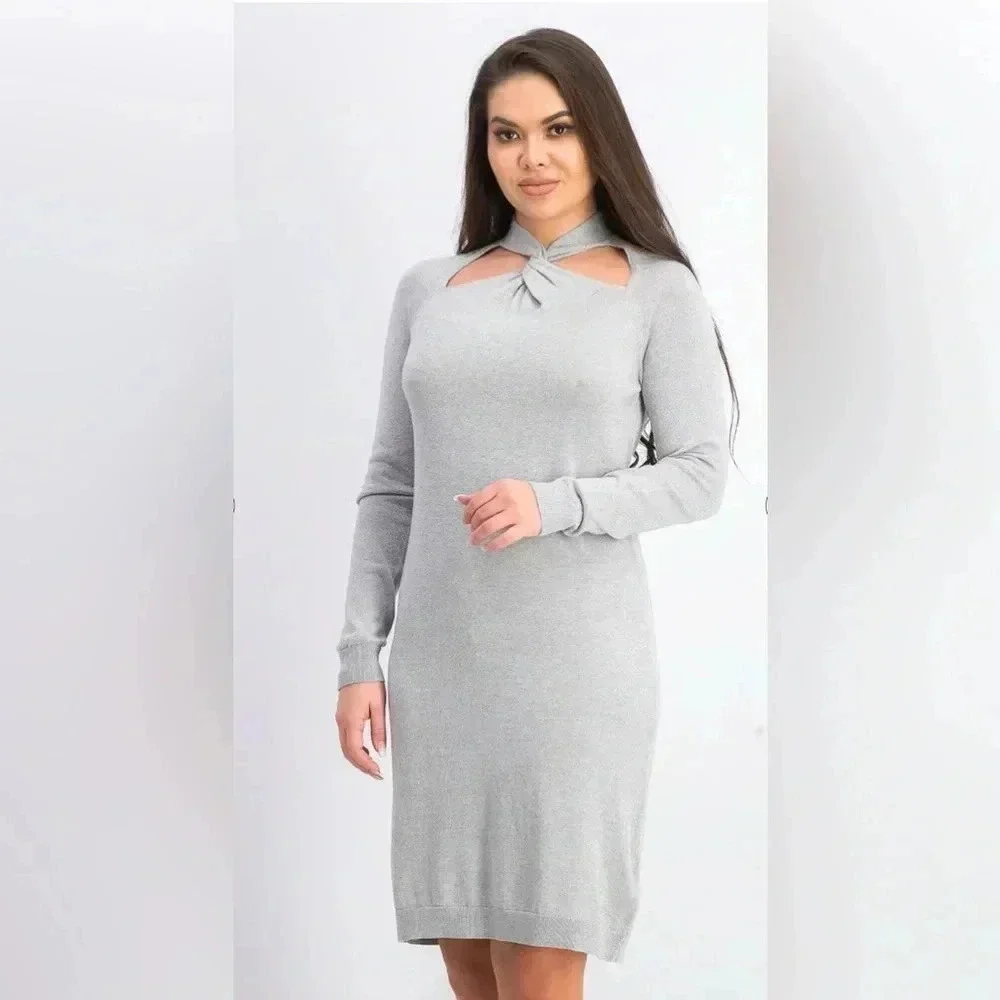 Michael Kori Metallic Twist Neck Sweater Gray Dress size Medium NWT